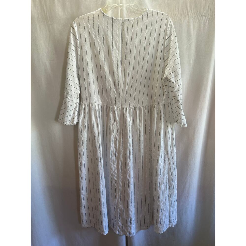 White Striped Cotton Midi Dress – Size Large | Bell Sleeve Cottagecore Dress - Picture 4 of 9